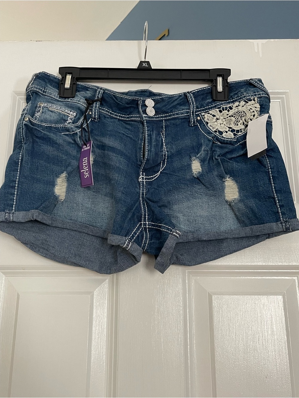 Dark Blue Distressed Denim Shorts with Lace Accent